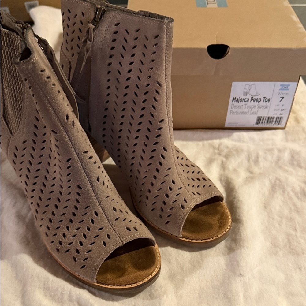 Tom’s Peep Toe Suede Ankle Boots - Taupe